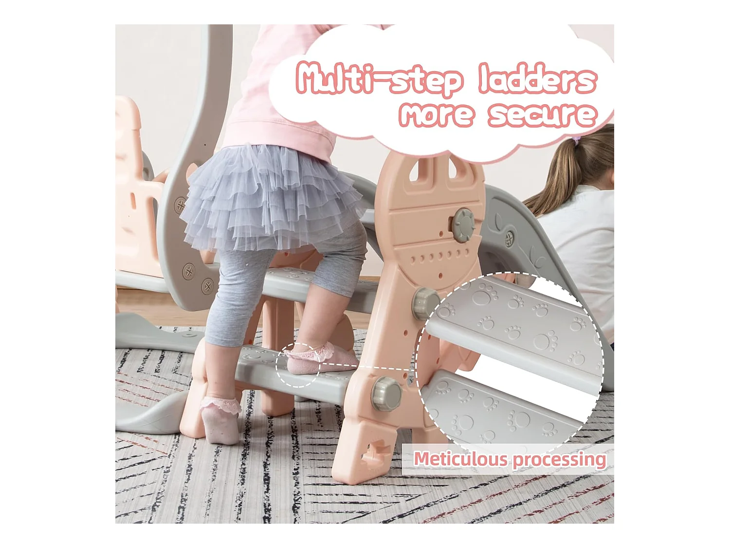 Altalena per bambini con scivolo, scaletta e altalena con canestro da basket - Parco giochi 4 in 1 - Uso interno ed esterno - Rosa