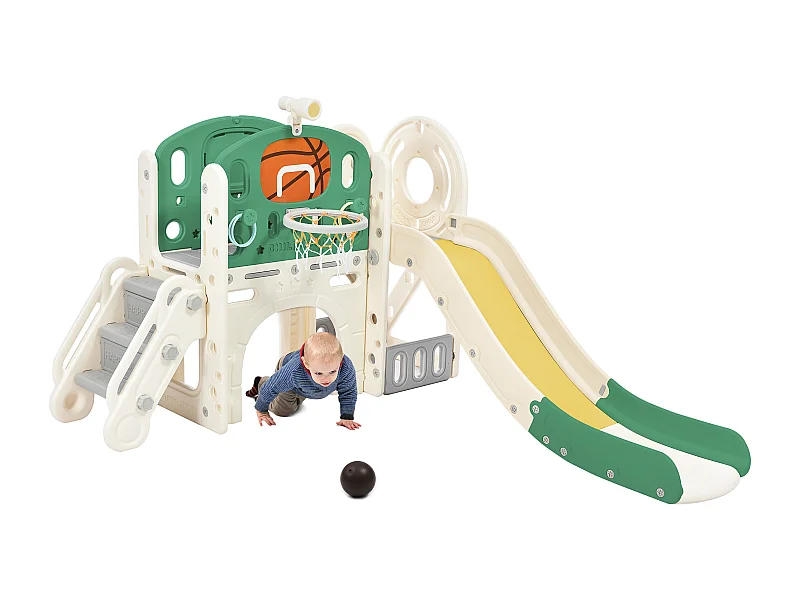 Scivolo per bambini, parco giochi per interni ed esterni - con canestro da basket, scivolo, struttura per arrampicata - Verde