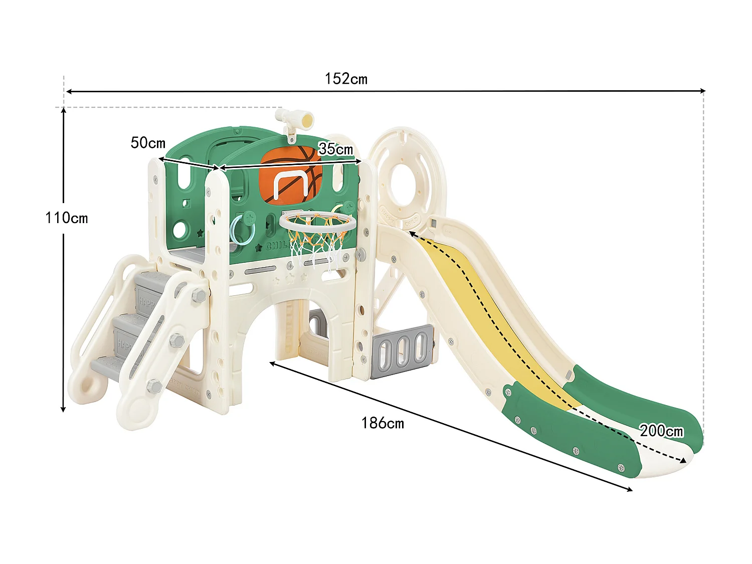 Toboggan pour Enfants,Aire de Jeux intérieure et extérieure- avec panier de basket, toboggan, ,Escalade- Vert