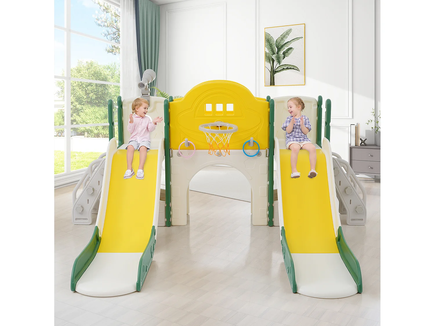 Aire de jeux pour enfants 8 en 1 avec toboggan, mur d'escalade, jeu de trous de forage, vert