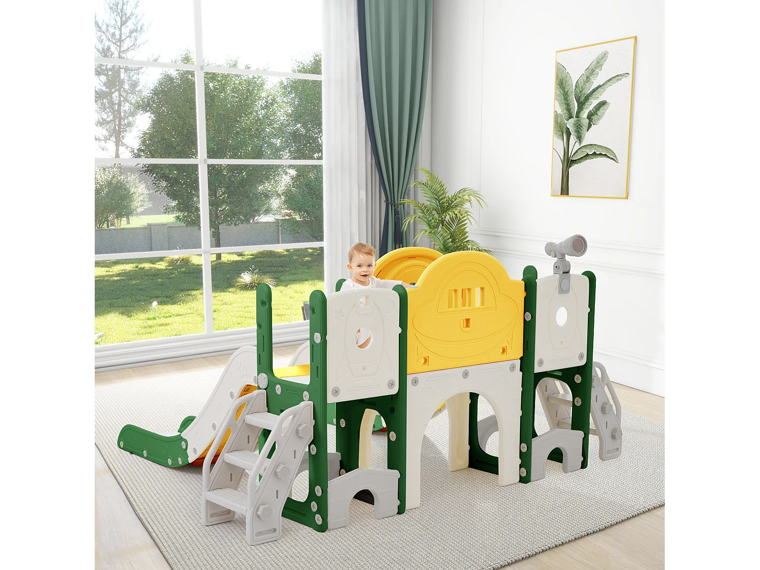 Aire de jeux pour enfants 8 en 1 avec toboggan, mur d'escalade, jeu de trous de forage, vert