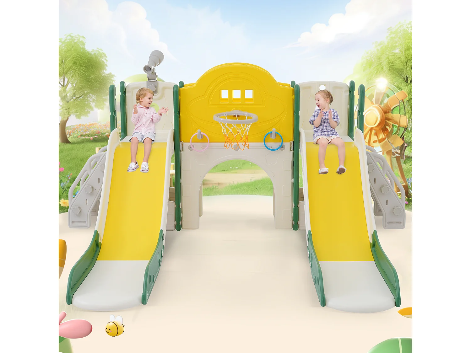 Aire de jeux pour enfants 8 en 1 avec toboggan, mur d'escalade, jeu de trous de forage, vert