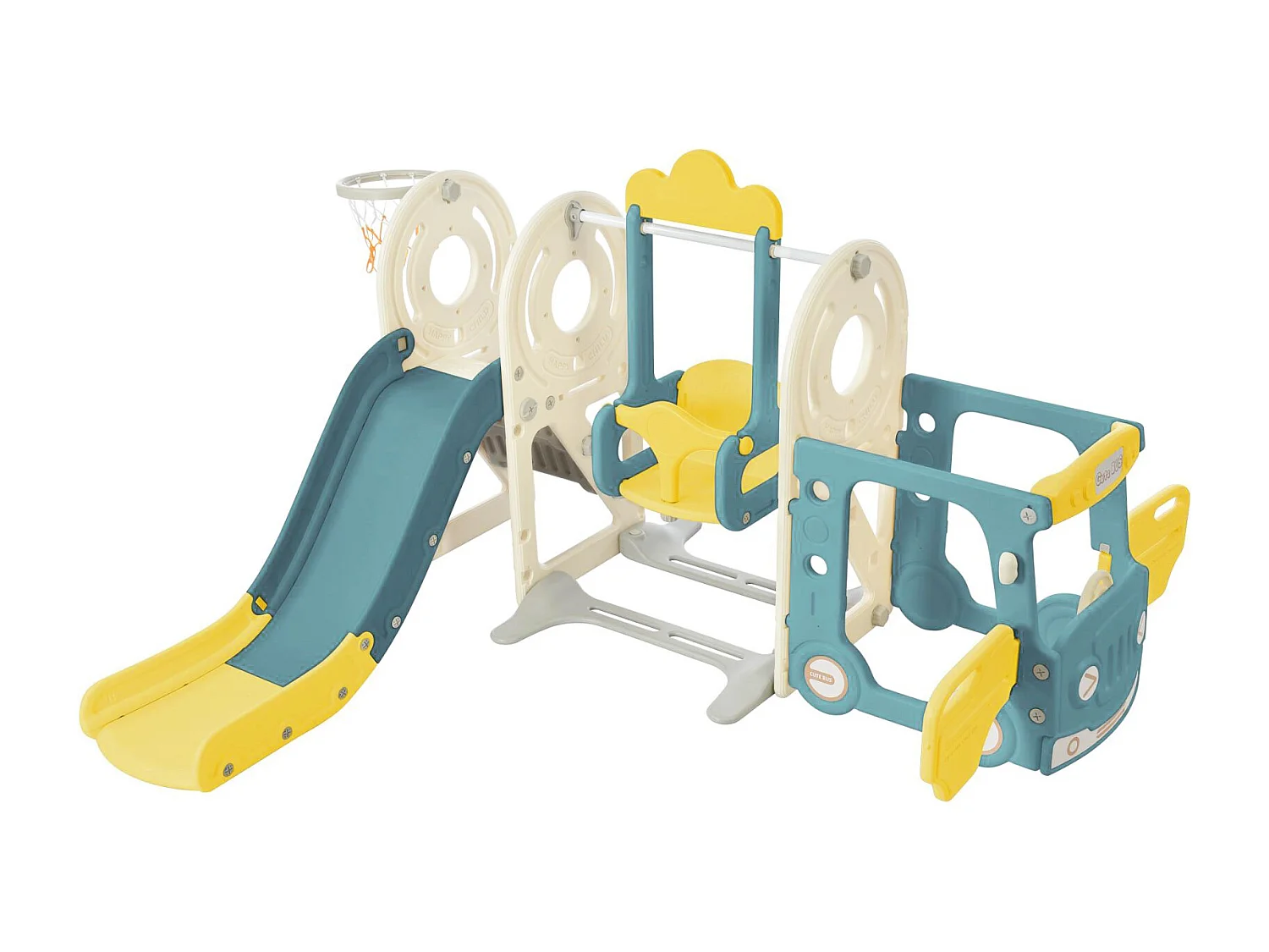 Toboggan pour les enfants 5 en 1 vec bus, balançoires, toboggan, échelle d'escalade, panier de basket et basket-ball, Vert