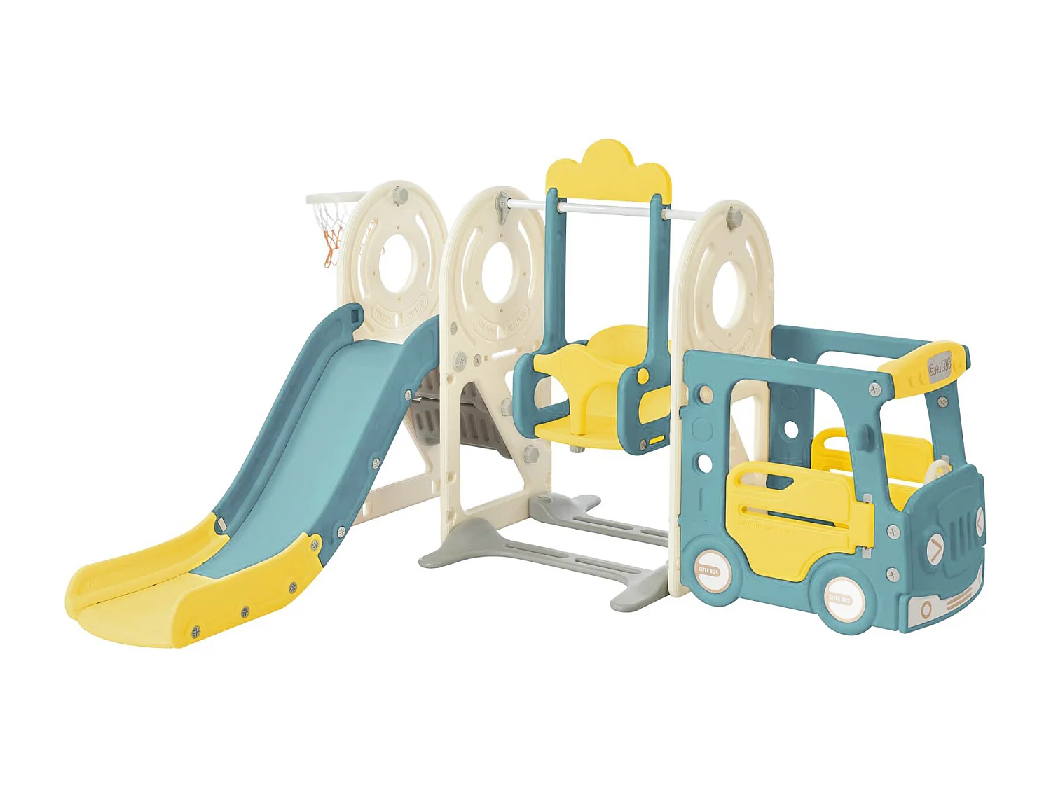 Toboggan pour les enfants 5 en 1 vec bus, balançoires, toboggan, échelle d'escalade, panier de basket et basket-ball, Vert