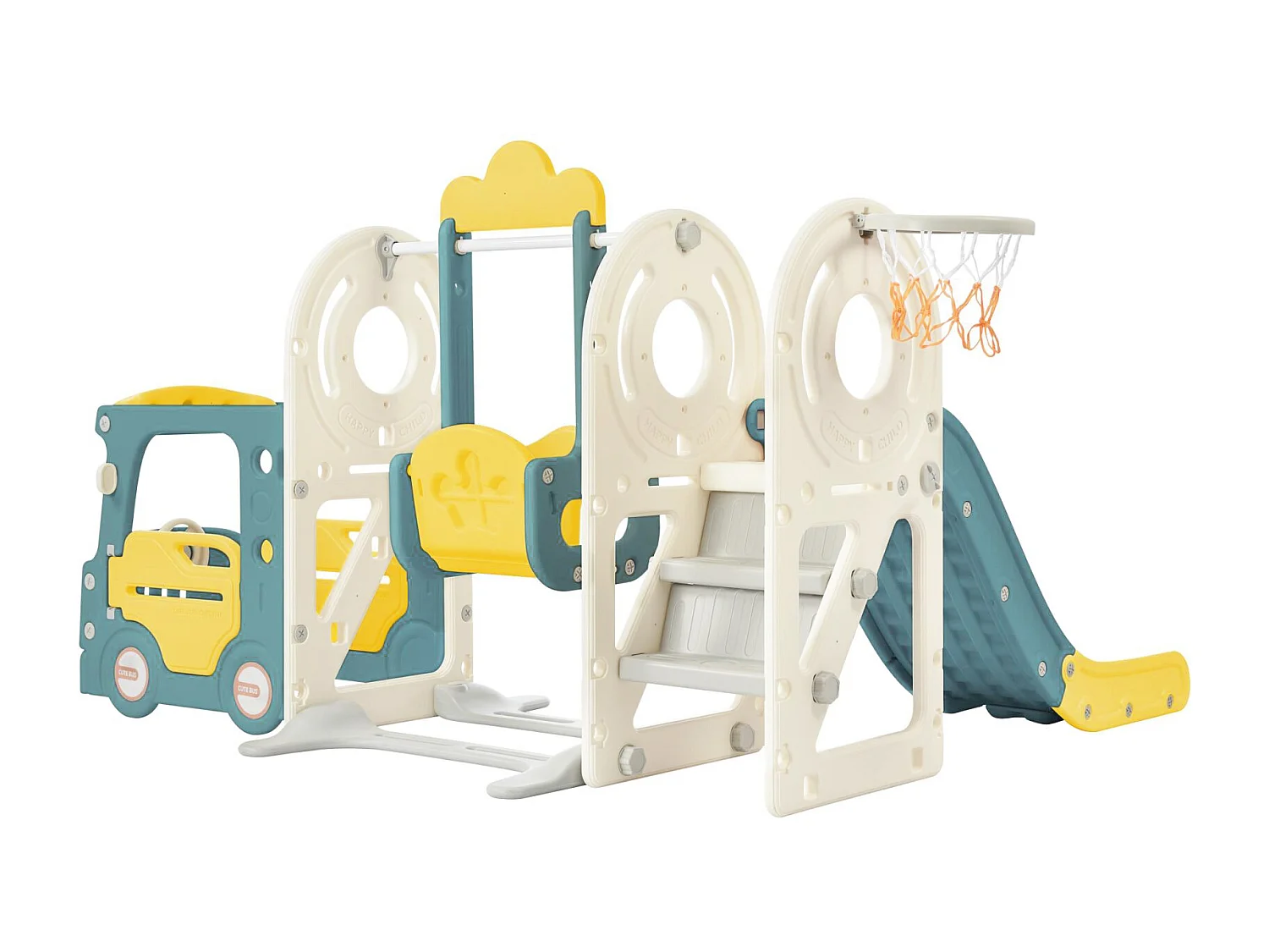 Toboggan pour les enfants 5 en 1 vec bus, balançoires, toboggan, échelle d'escalade, panier de basket et basket-ball, Vert