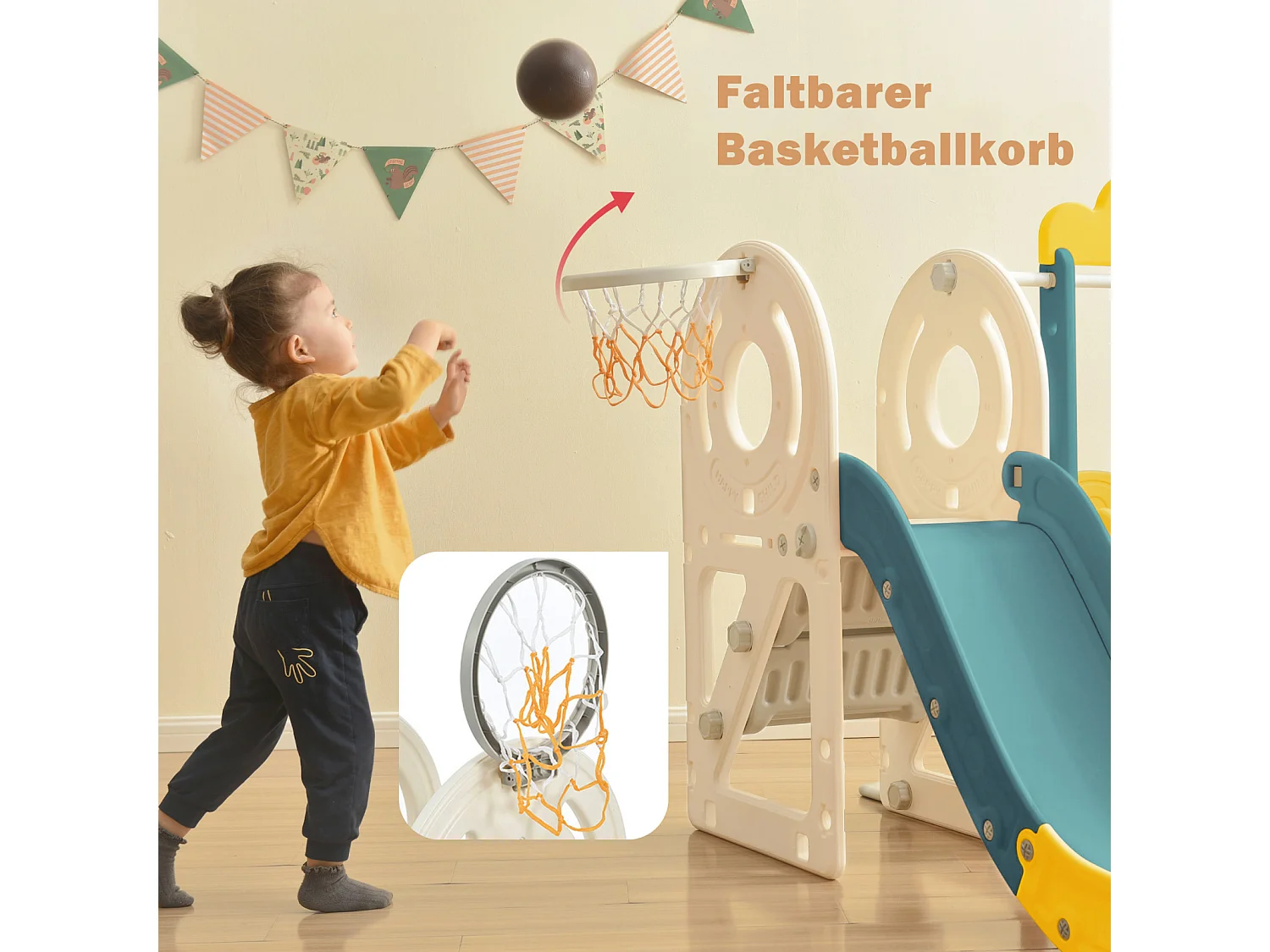 Toboggan pour les enfants 5 en 1 vec bus, balançoires, toboggan, échelle d'escalade, panier de basket et basket-ball, Vert