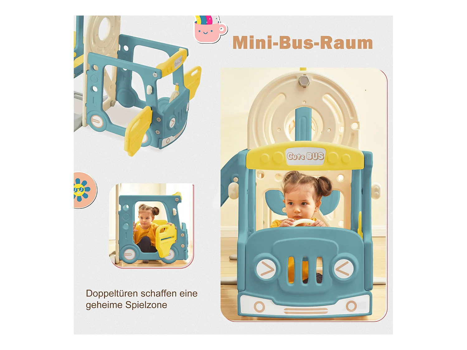 Scivolo per bambini 5 in 1 con autobus, altalene, scivolo, scala di arrampicata, canestro da basket e pallone da basket, verde