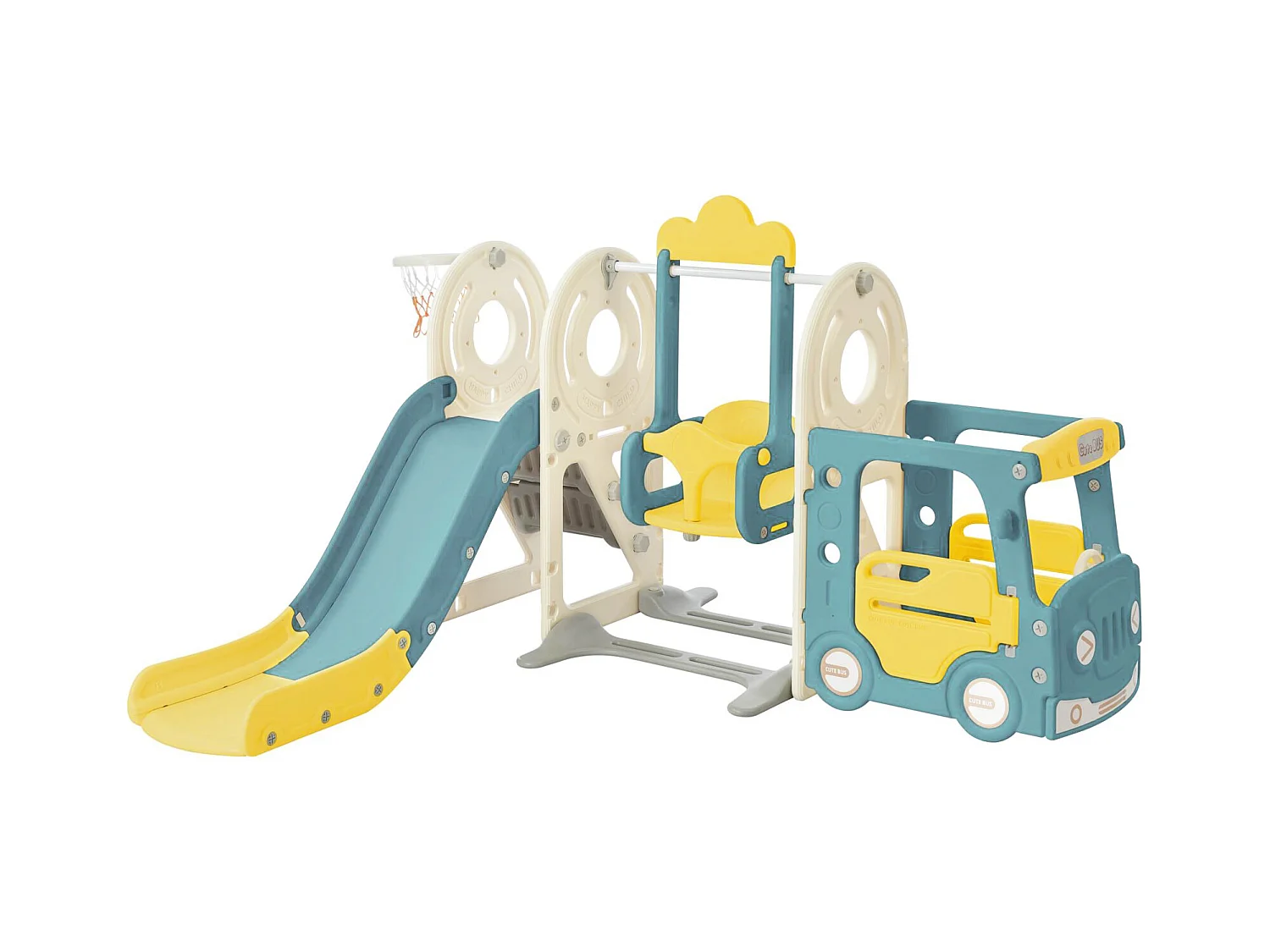 Scivolo per bambini 5 in 1 con autobus, altalene, scivolo, scala di arrampicata, canestro da basket e pallone da basket, verde