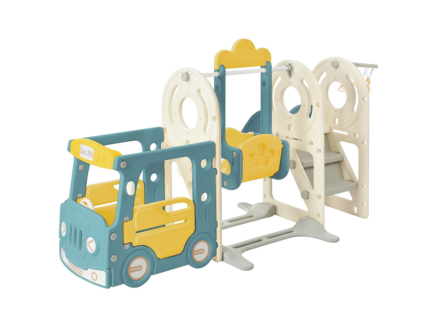 Scivolo per bambini 5 in 1 con autobus, altalene, scivolo, scala di arrampicata, canestro da basket e pallone da basket, verde