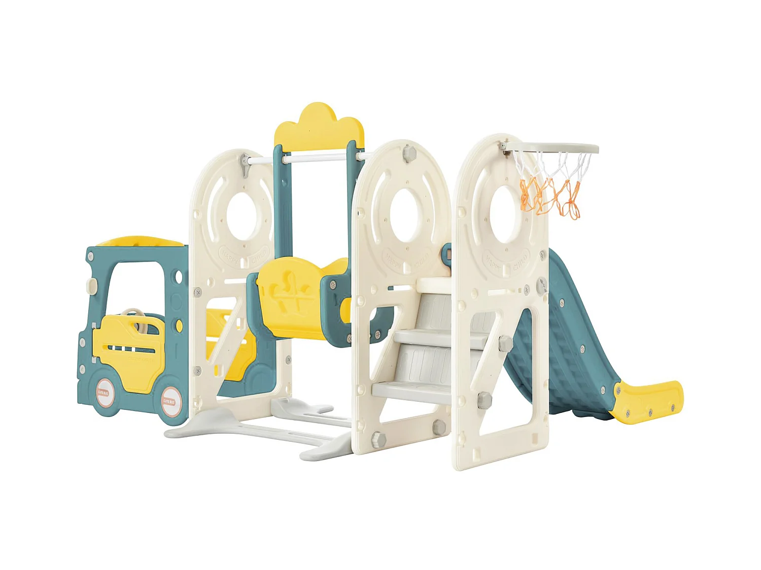 Scivolo per bambini 5 in 1 con autobus, altalene, scivolo, scala di arrampicata, canestro da basket e pallone da basket, verde