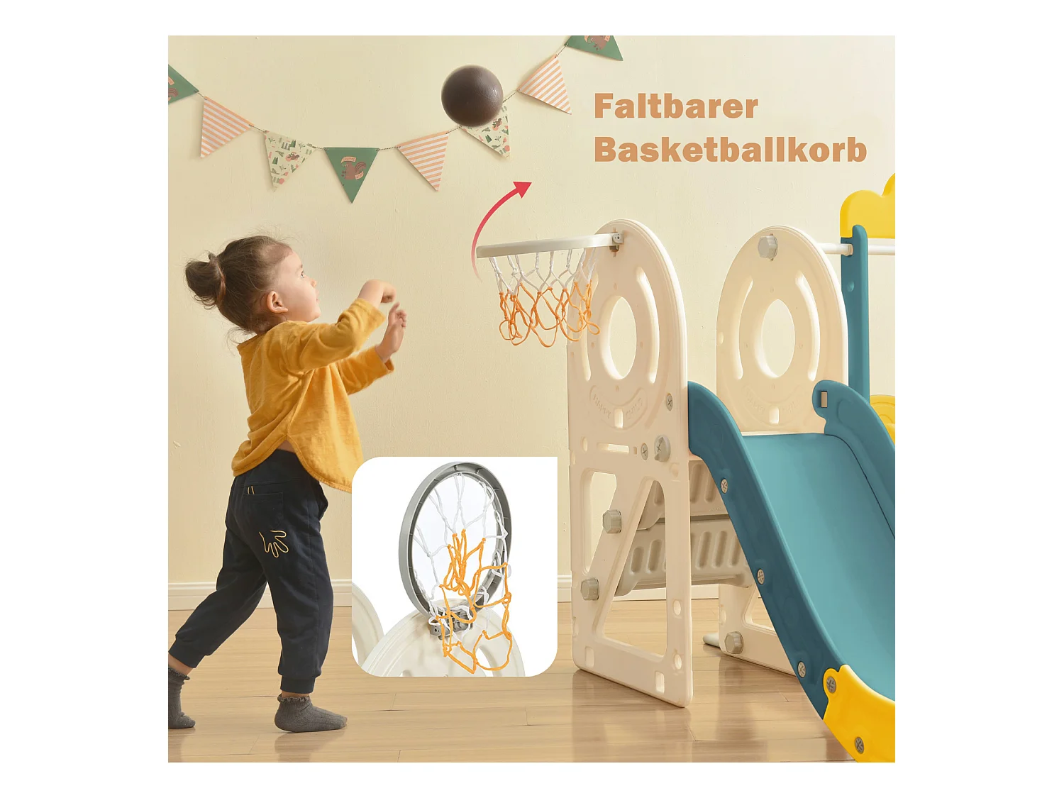 Scivolo per bambini 5 in 1 con autobus, altalene, scivolo, scala di arrampicata, canestro da basket e pallone da basket, verde