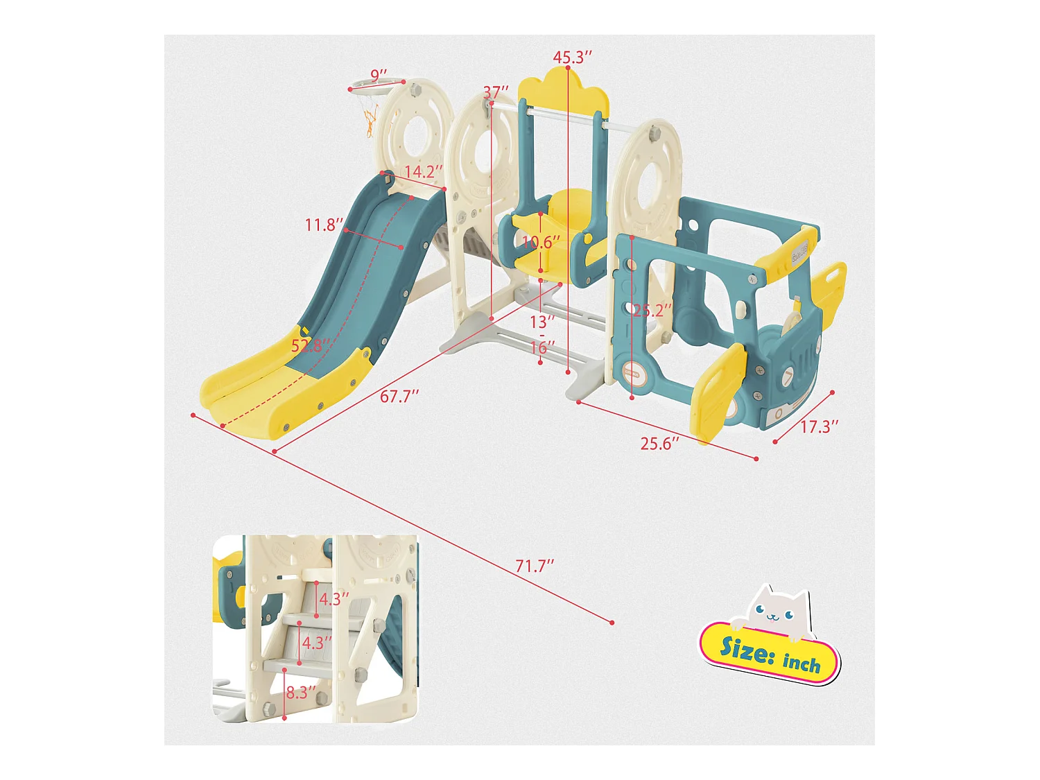 Scivolo per bambini 5 in 1 con autobus, altalene, scivolo, scala di arrampicata, canestro da basket e pallone da basket, verde