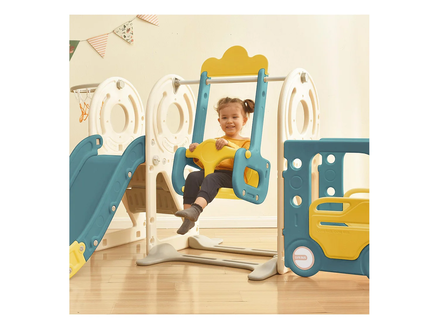 Scivolo per bambini 5 in 1 con autobus, altalene, scivolo, scala di arrampicata, canestro da basket e pallone da basket, verde