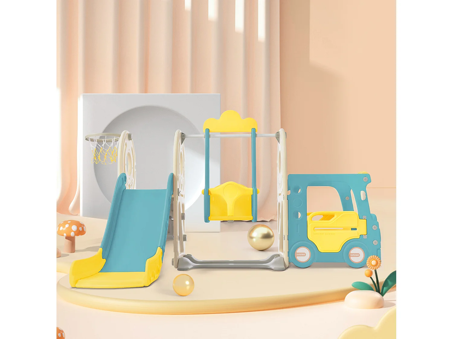 Toboggan pour les enfants 5 en 1 vec bus, balançoires, toboggan, échelle d'escalade, panier de basket et basket-ball, Vert