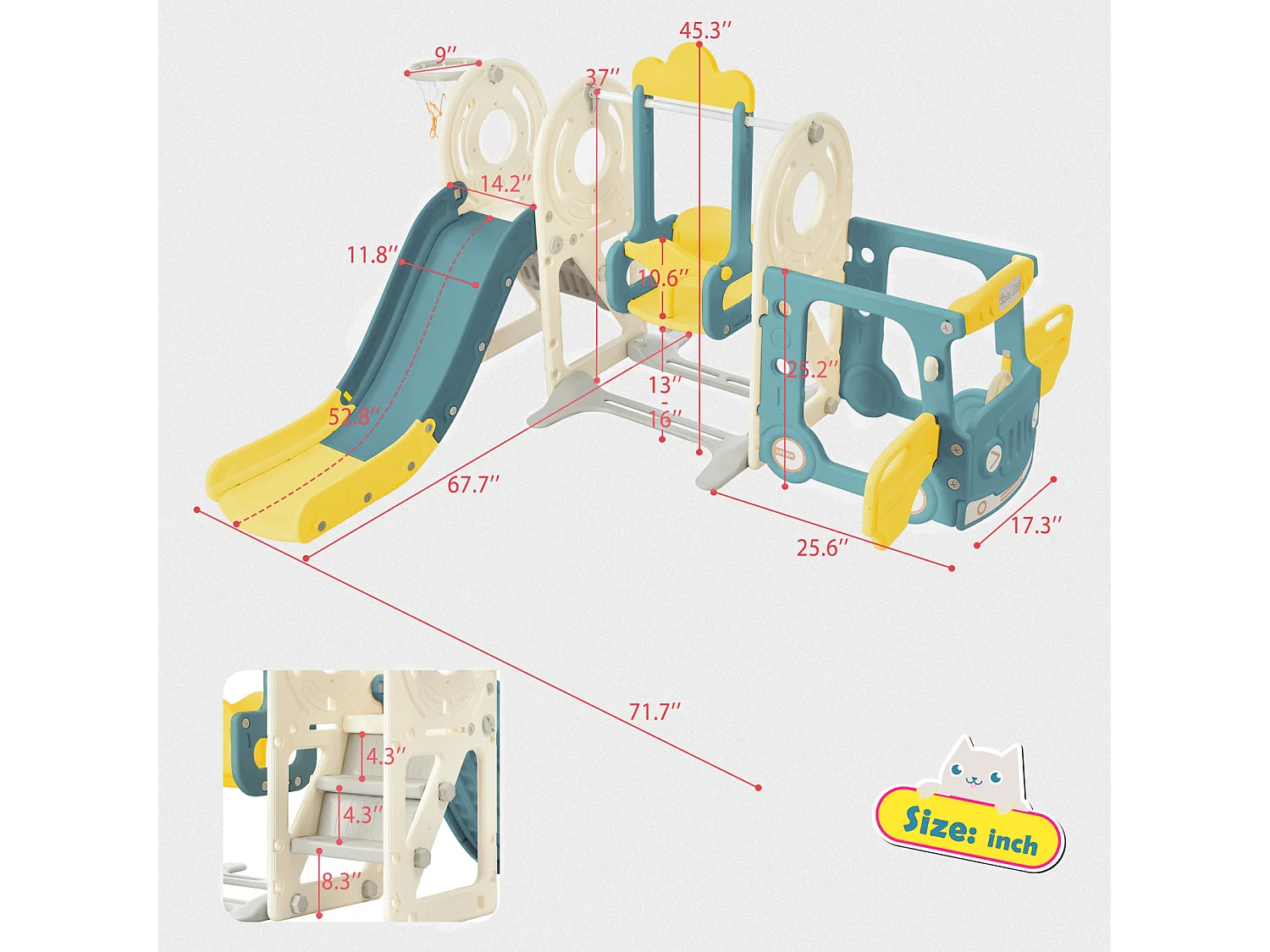 Toboggan pour les enfants 5 en 1 vec bus, balançoires, toboggan, échelle d'escalade, panier de basket et basket-ball, Vert