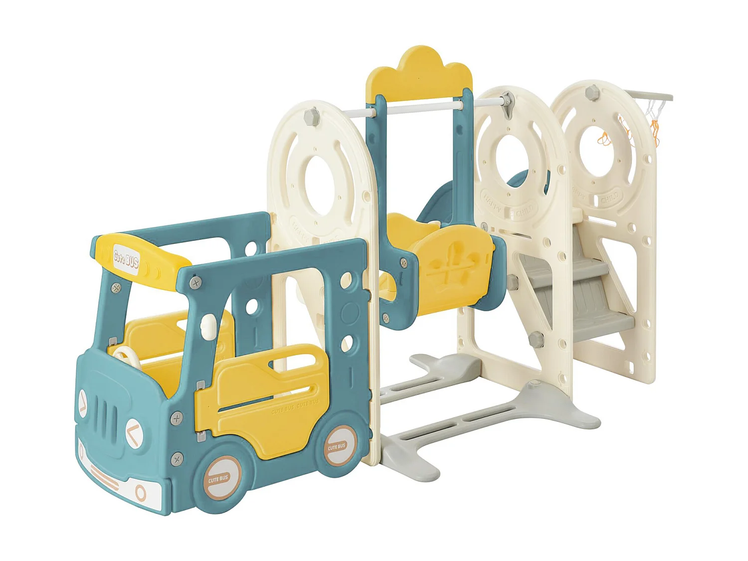 Toboggan pour les enfants 5 en 1 vec bus, balançoires, toboggan, échelle d'escalade, panier de basket et basket-ball, Vert