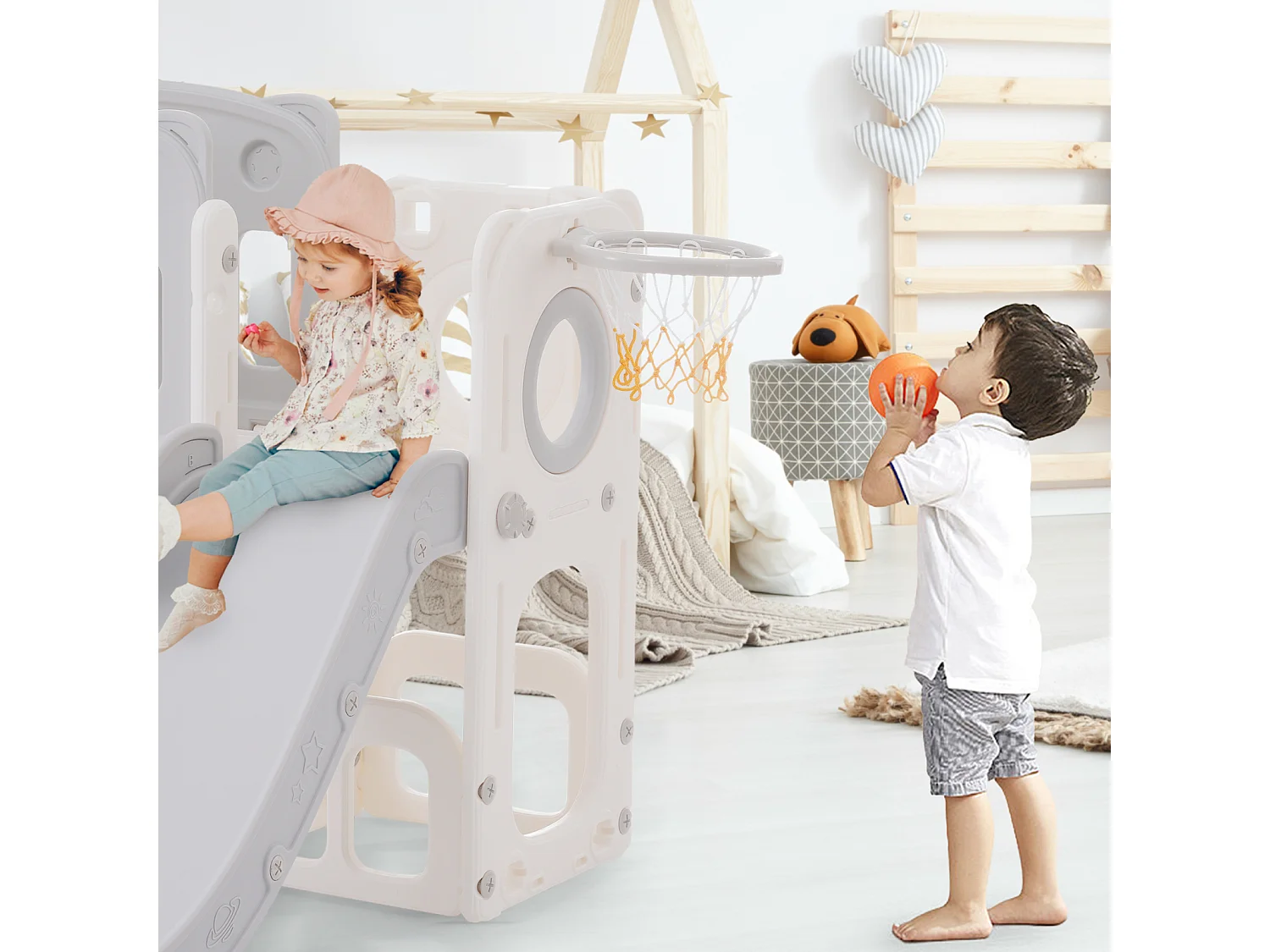 Toboggan 7 en 1 pour enfant, avec balançoire, plate-forme, zone de rangement, arcade, panier de basket, escalier, PEHD, gris+blanc