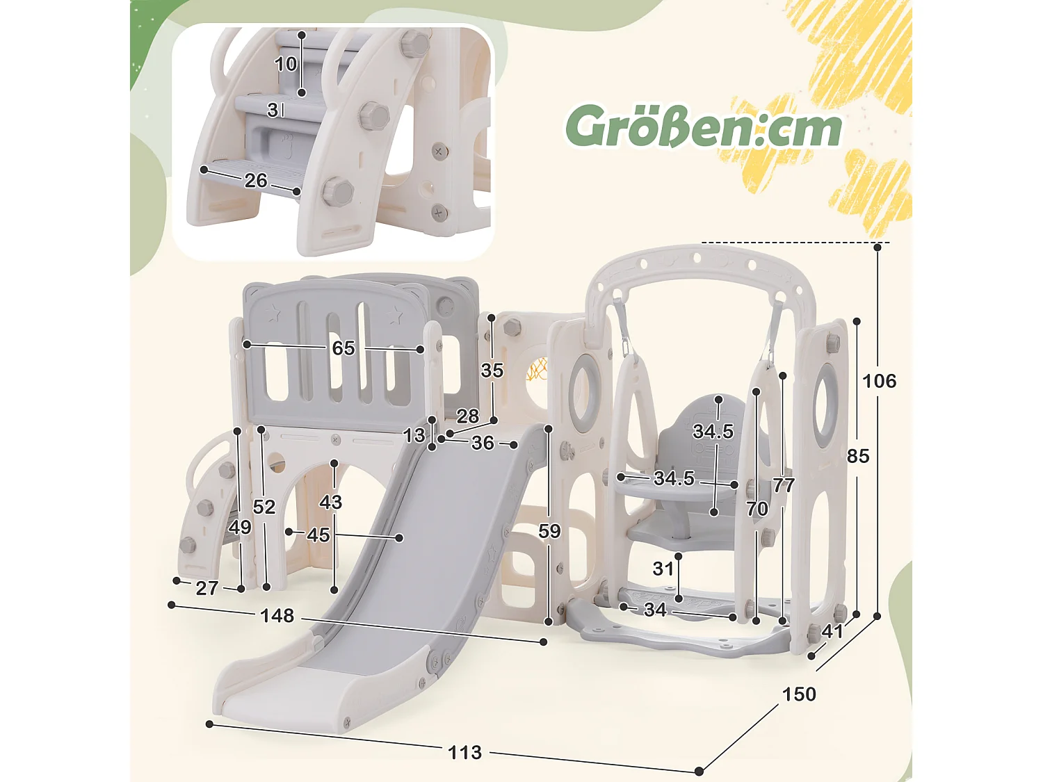 Toboggan 7 en 1 pour enfant, avec balançoire, plate-forme, zone de rangement, arcade, panier de basket, escalier, PEHD, gris+blanc