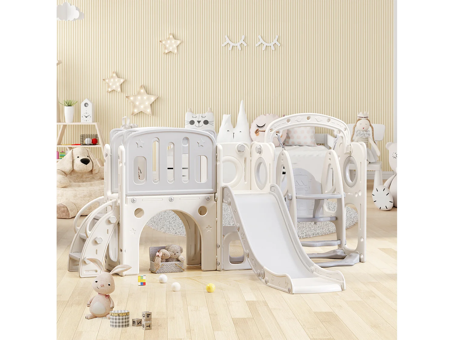 Toboggan 7 en 1 pour enfant, avec balançoire, plate-forme, zone de rangement, arcade, panier de basket, escalier, PEHD, gris+blanc