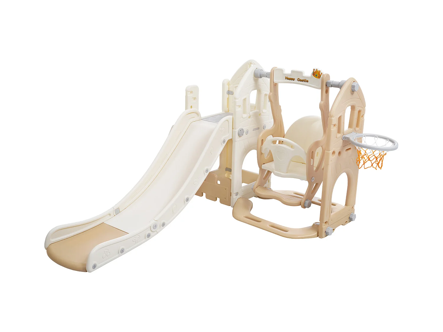 5-in-1 PP-glijbaan voor kinderen van 3-8 jaar, schommel, glijbaan, klimrek, opbergruimte, basketbalframe, antiekroze