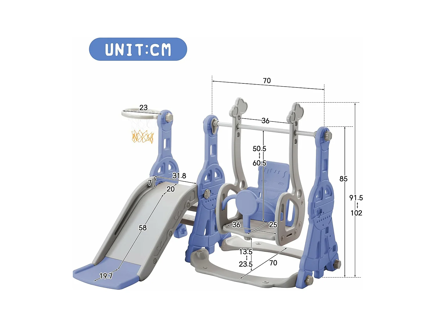 Altalena per bambini con scivolo, scaletta e altalena con canestro da basket - parco giochi 4 in 1 - uso interno ed esterno - Blu