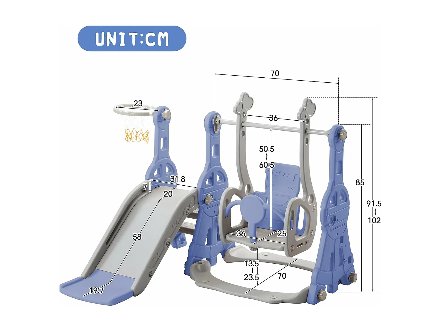 Kinderschommelset met glijbaan, ladder en schommel met basketbalring - 4 in 1 speeltuin - binnen- en buitengebruik - Blauw