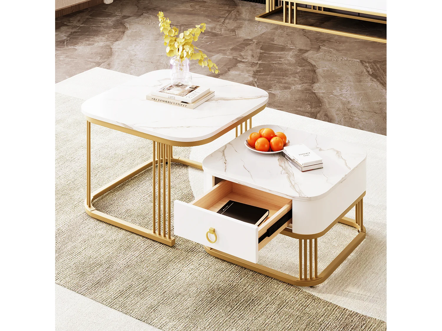 Set van 2 in elkaar passende salontafels, vierkant, 60 cm, met marmerlook blad, glanzend, lades, metalen poten, voor woonkamer en eetkamer - wit