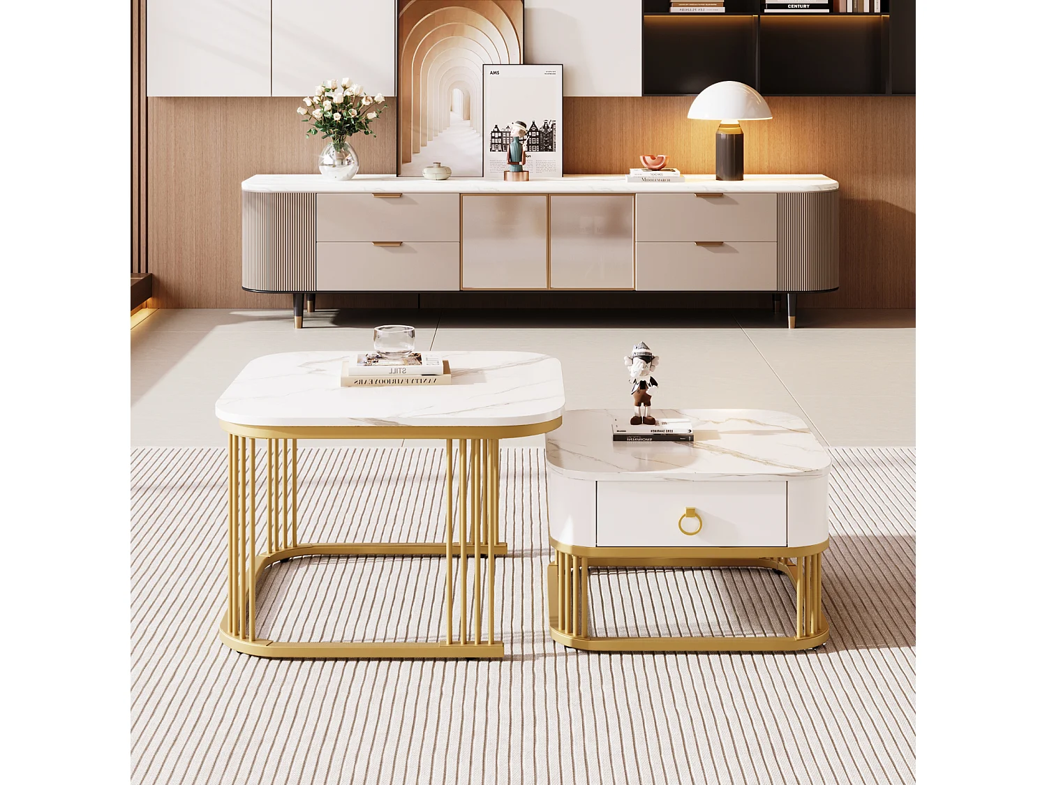 Set van 2 in elkaar passende salontafels, vierkant, 60 cm, met marmerlook blad, glanzend, lades, metalen poten, voor woonkamer en eetkamer - wit