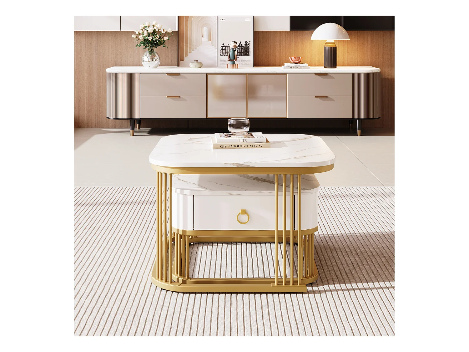 Set van 2 in elkaar passende salontafels, vierkant, 60 cm, met marmerlook blad, glanzend, lades, metalen poten, voor woonkamer en eetkamer - wit