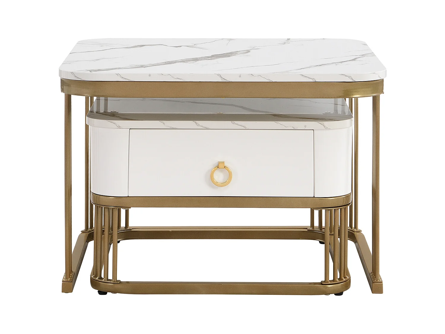 Set van 2 in elkaar passende salontafels, vierkant, 60 cm, met marmerlook blad, glanzend, lades, metalen poten, voor woonkamer en eetkamer - wit