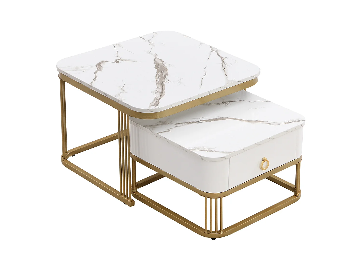 Set van 2 in elkaar passende salontafels, vierkant, 60 cm, met marmerlook blad, glanzend, lades, metalen poten, voor woonkamer en eetkamer - wit