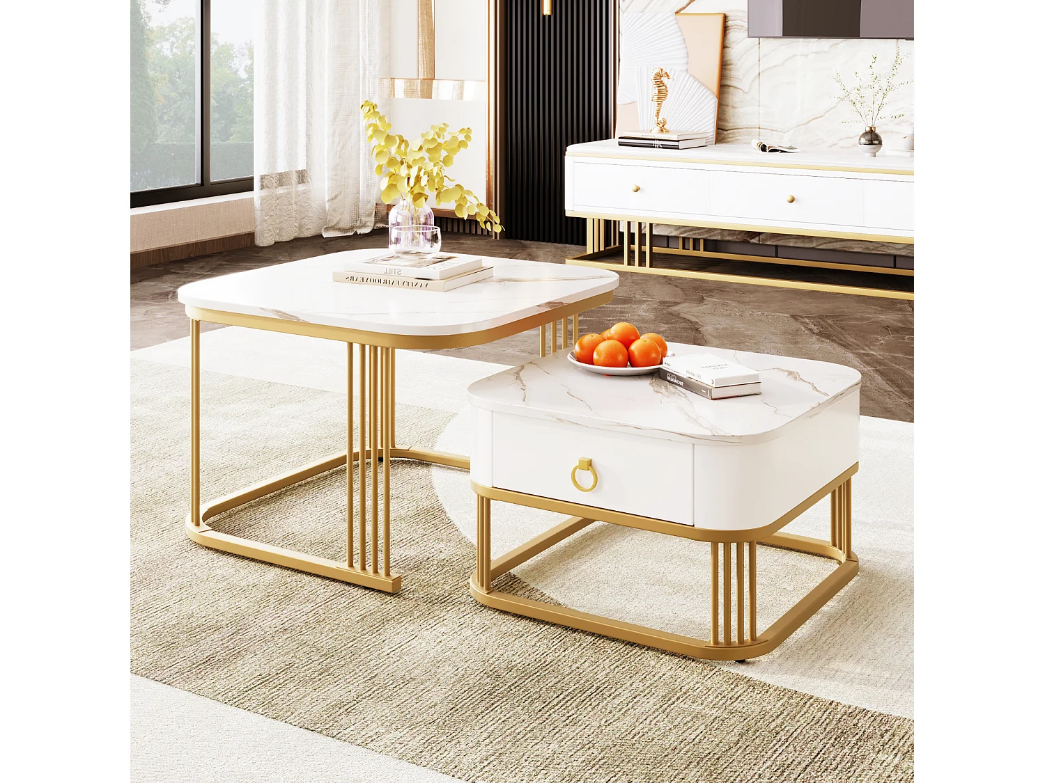 Lot de 2 Table basse gigogne, carrée, 60cm, avec plateau de effet marbre, brillante, tiroirs, pieds en métal, pour Salon, Manger - Blanc