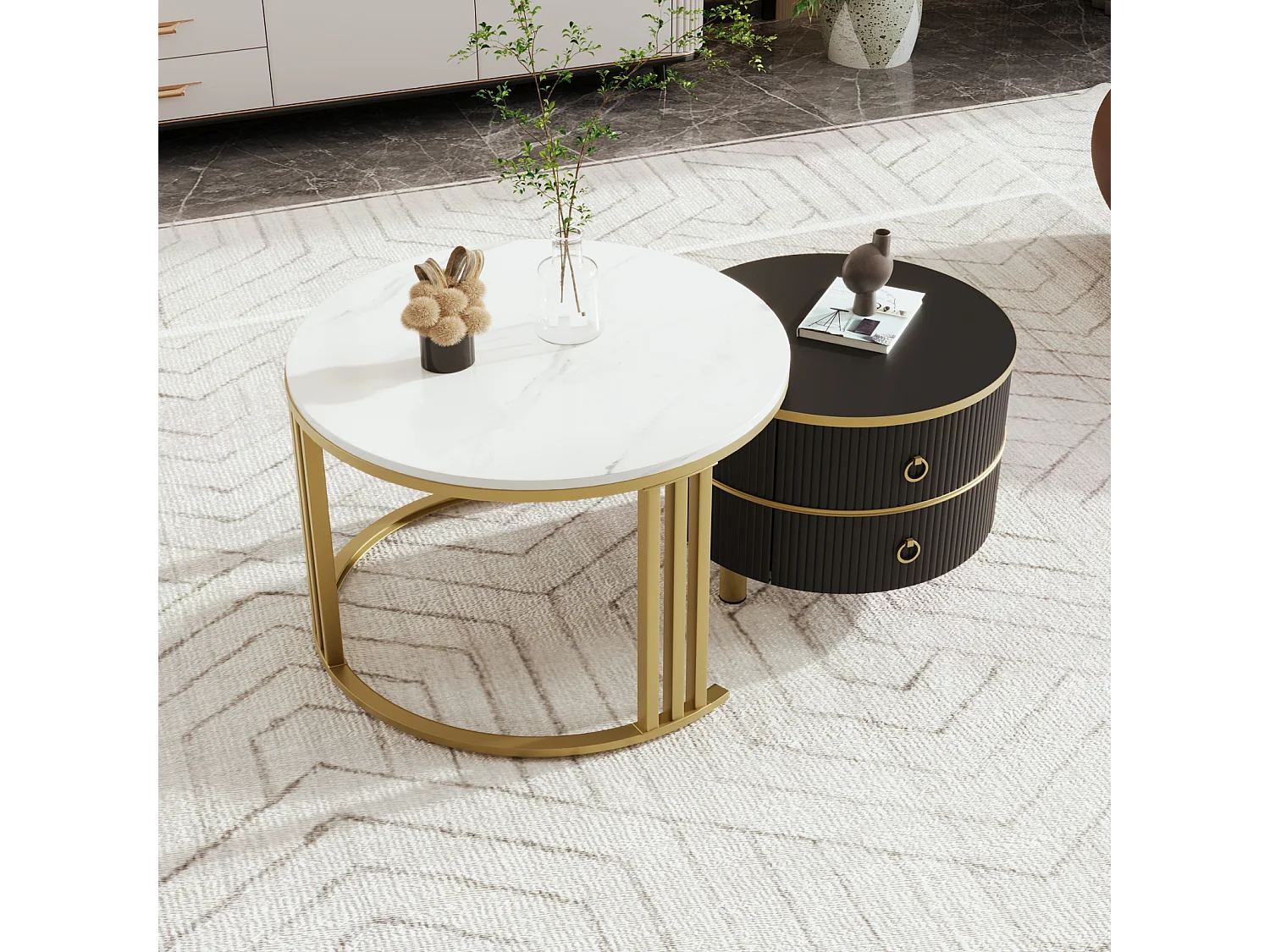 Set van 2 ronde salontafels, 70x50 cm - met wit marmeren blad, 2 lades, modern design - zwart