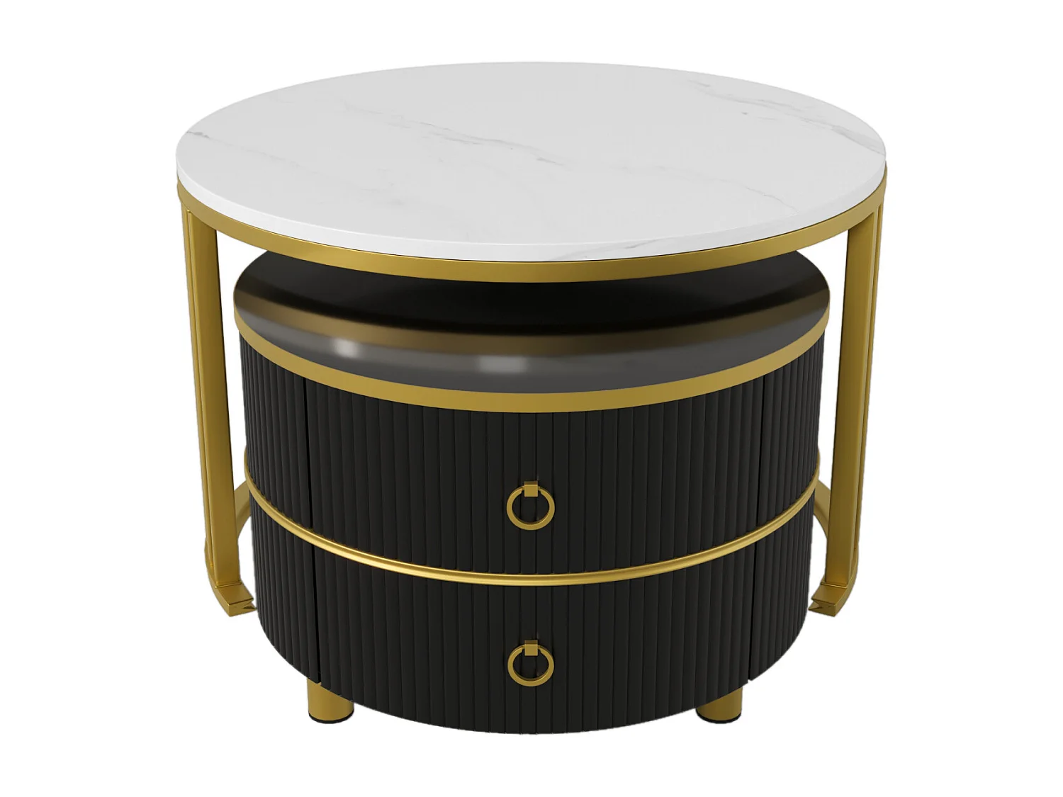 Set van 2 ronde salontafels, 70x50 cm - met wit marmeren blad, 2 lades, modern design - zwart