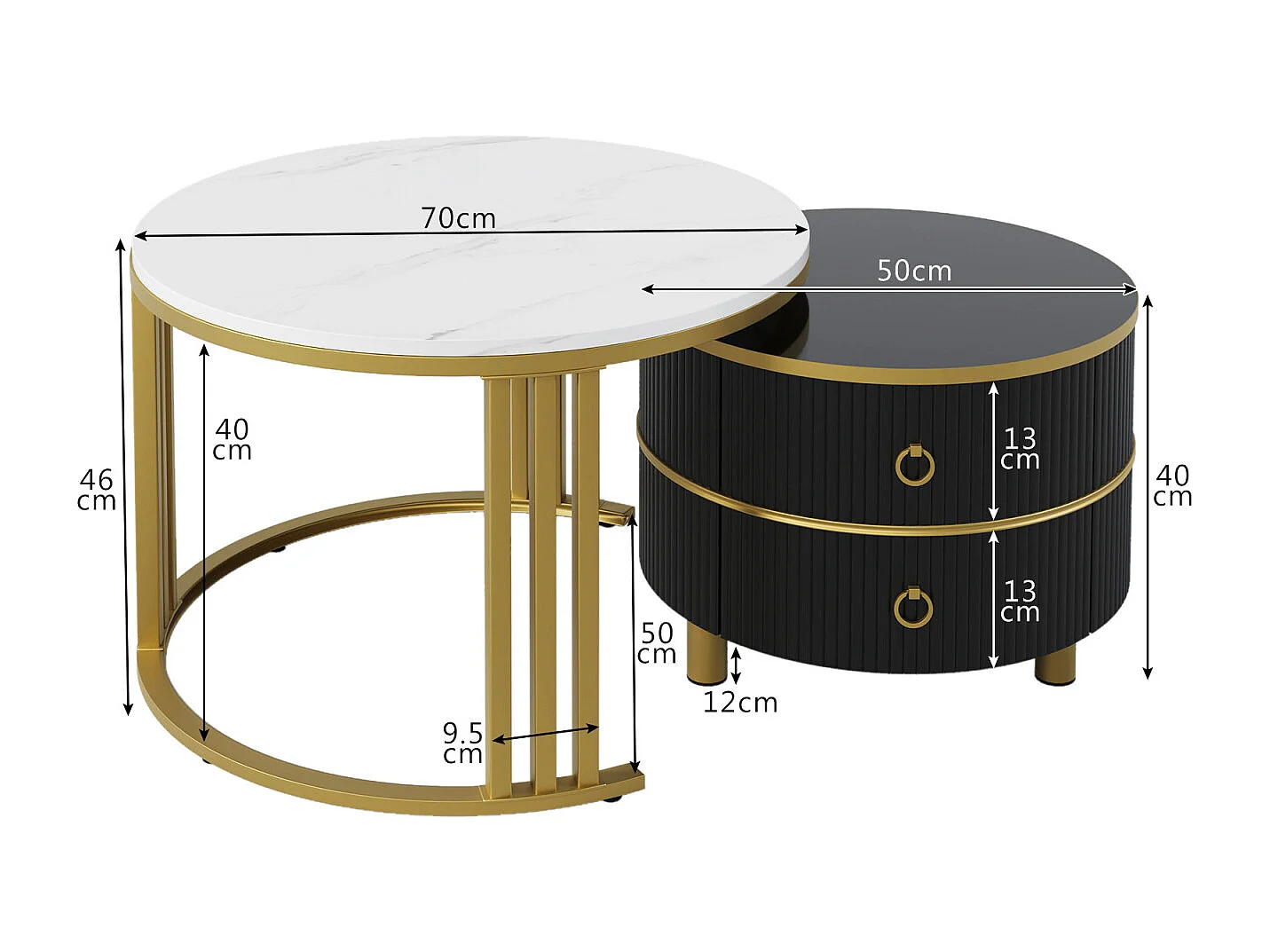 Lot de 2 Table basse gigogne ronde, 70x50 cm - avec plateau en marbre blanc, 2 tiroirs, design moderne - noir