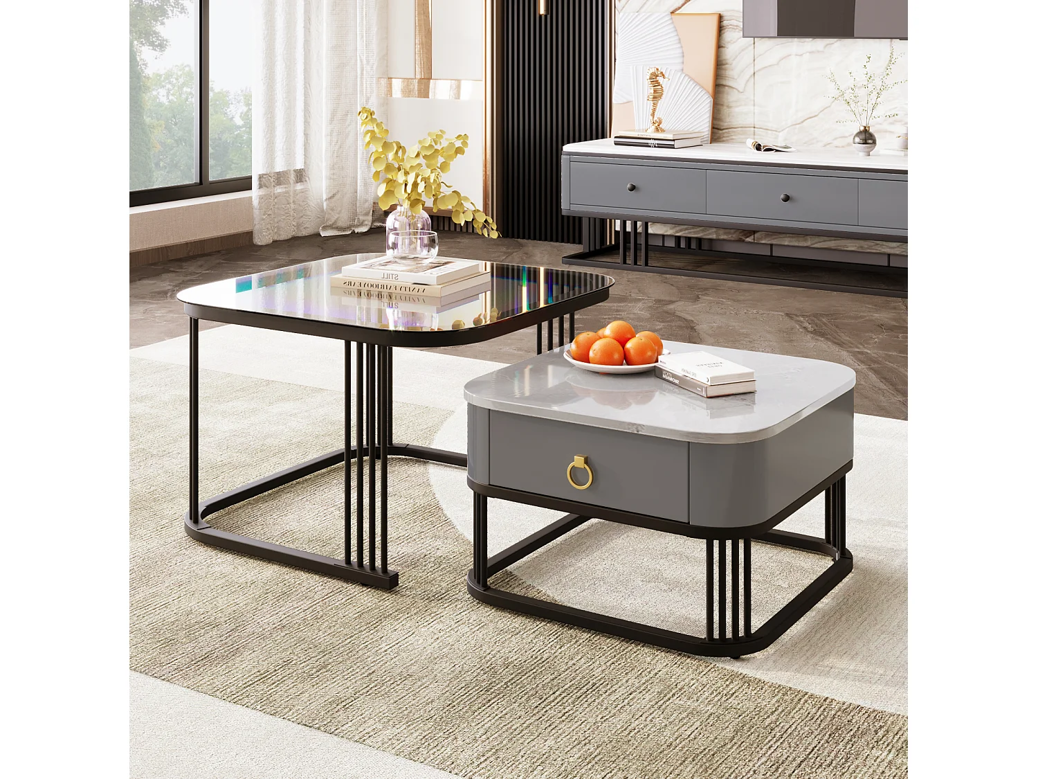 Lot de 2 tables basses gigogne, aspect marbre et plateau en verre, accents dorés, avec 1 tiroir, 60x60x45cm+50x50x34cm, noir