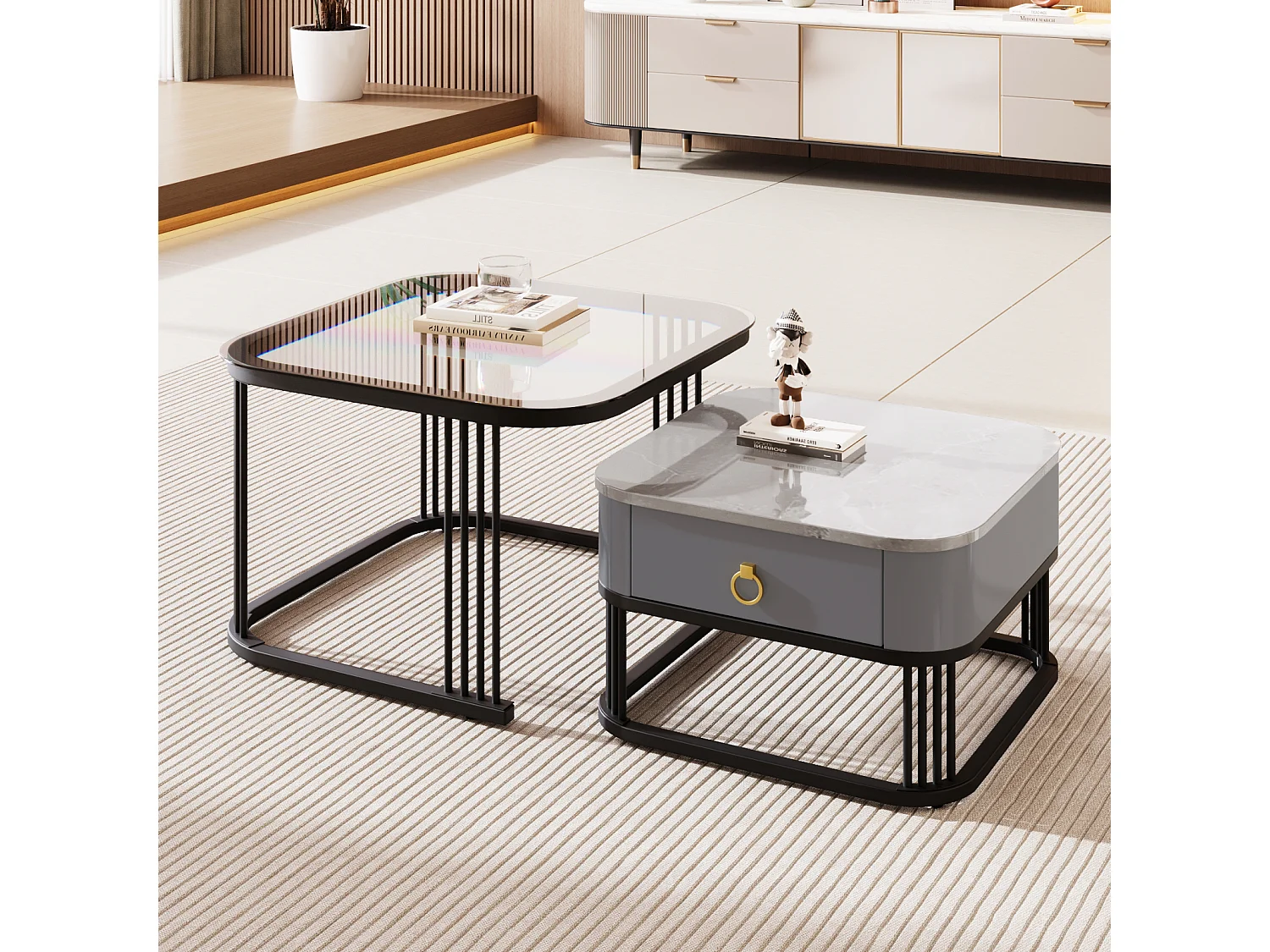 Lot de 2 tables basses gigogne, aspect marbre et plateau en verre, accents dorés, avec 1 tiroir, 60x60x45cm+50x50x34cm, noir