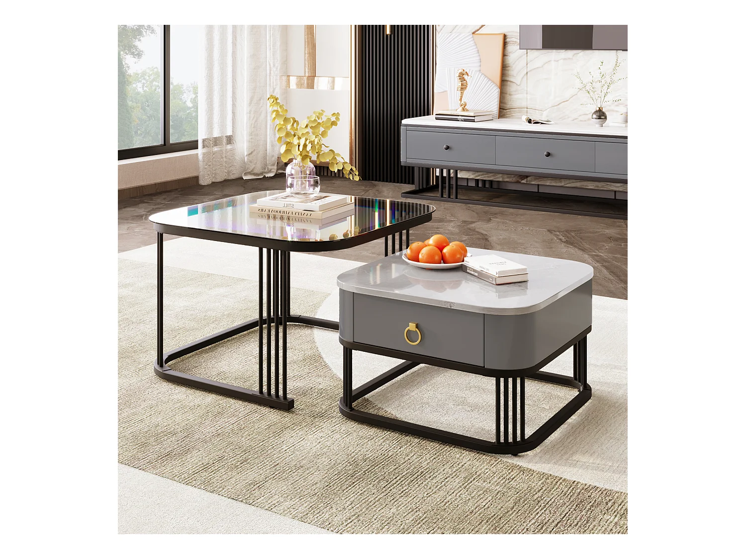 Lot de 2 tables basses gigogne, aspect marbre et plateau en verre, accents dorés, avec 1 tiroir, 60x60x45cm+50x50x34cm, noir