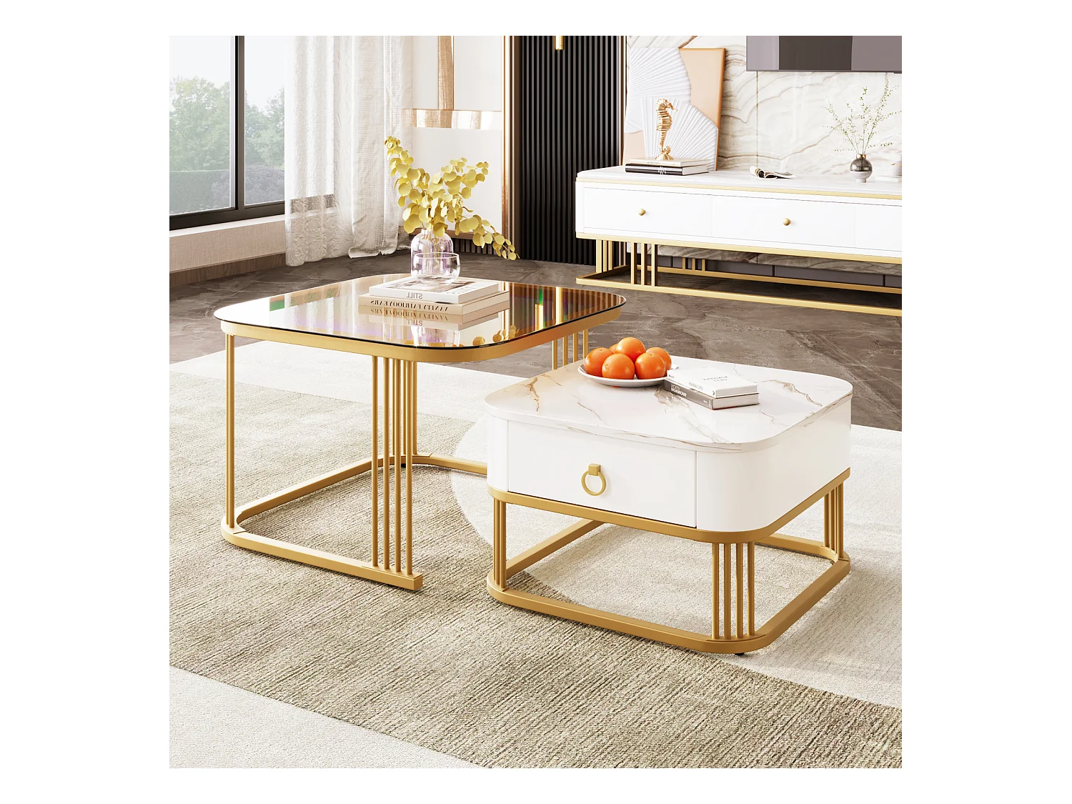 Lot de 2 tables basses gigogne, aspect marbre et plateau en verre, accents dorés, avec 1 tiroir, 60x60x45cm+50x50x34cm, blanc