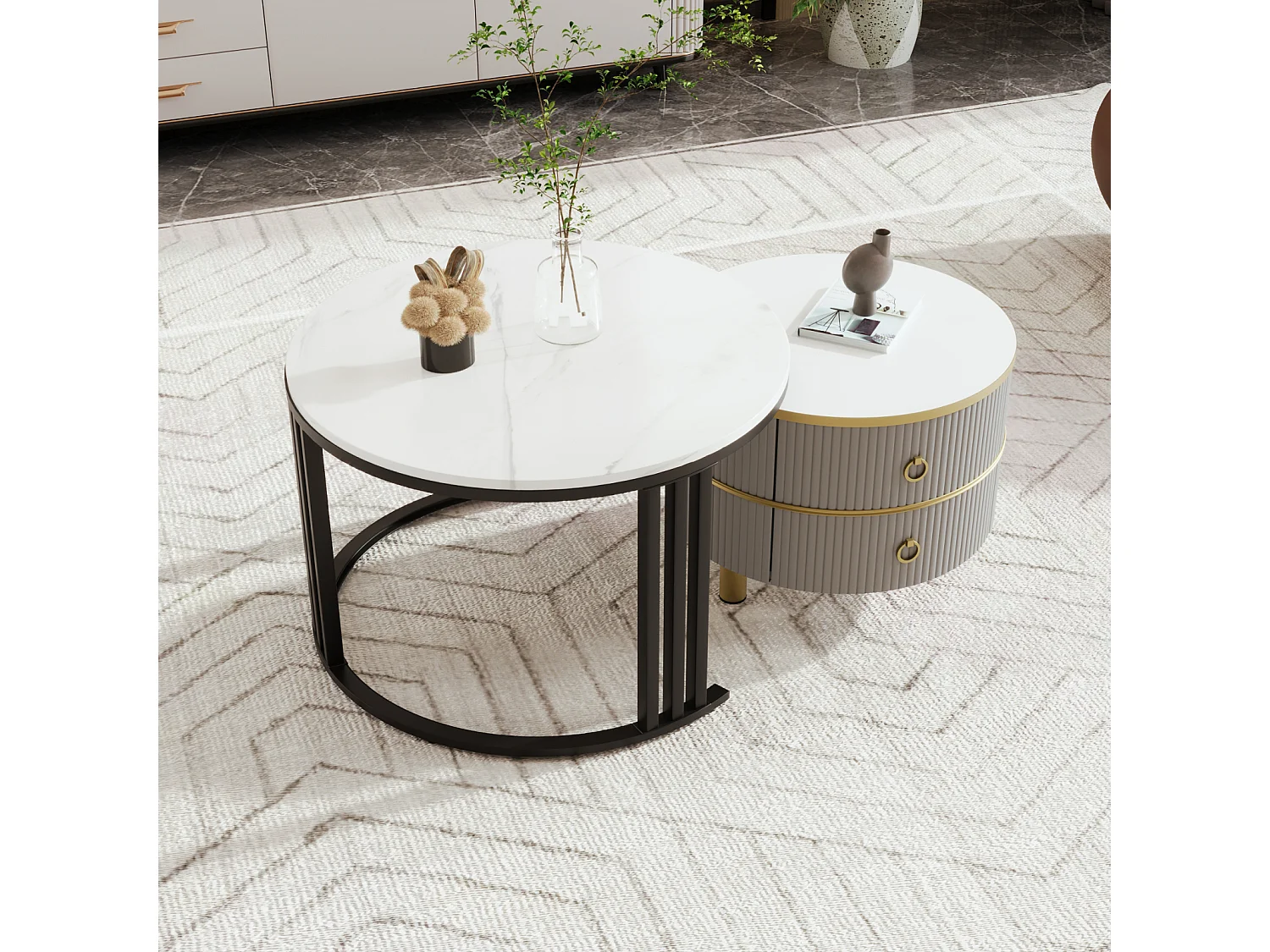 Set van 2 ronde salontafels, 70x50 cm, met wit marmeren blad, 2 lades, modern design - grijs