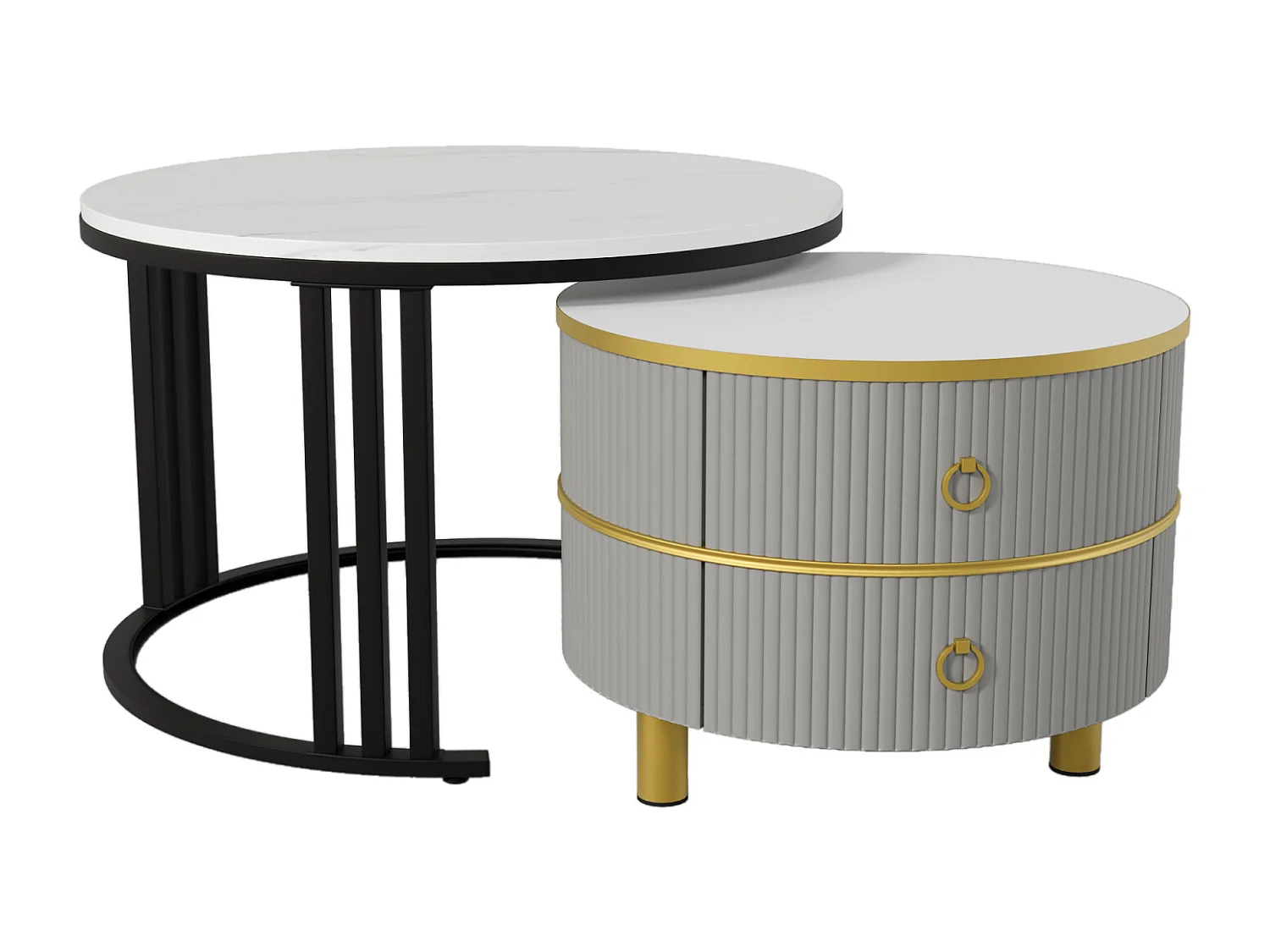 Set van 2 ronde salontafels, 70x50 cm, met wit marmeren blad, 2 lades, modern design - grijs
