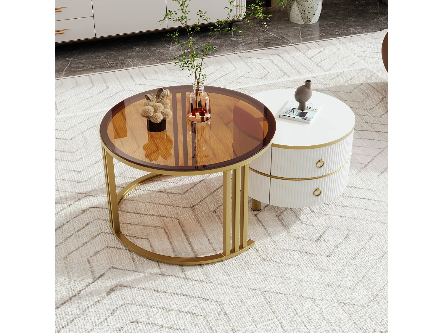 Lot de 2 Table basse gigogne ronde, 70x50 cm - avec plateau en verre brun, 2 tiroirs, design moderne - blanc