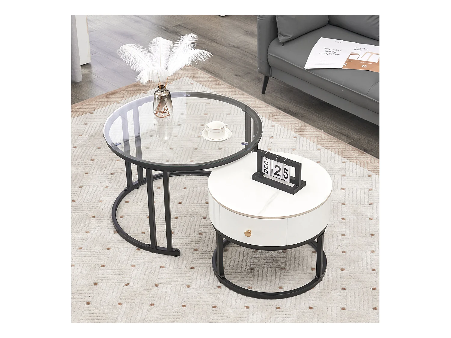 Lot de 2 table basse gigogne - table ronde, cadre en noir plateau en verre et ardoise marbrée blanc avec 1 tiroir - ø70x45,5+ø50x40cm