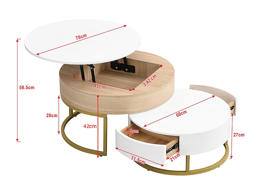 Lot de 2 table basse gigogne, grand table avec plateau relevable, petie table avec 2 tiroirs, MDF, blanc