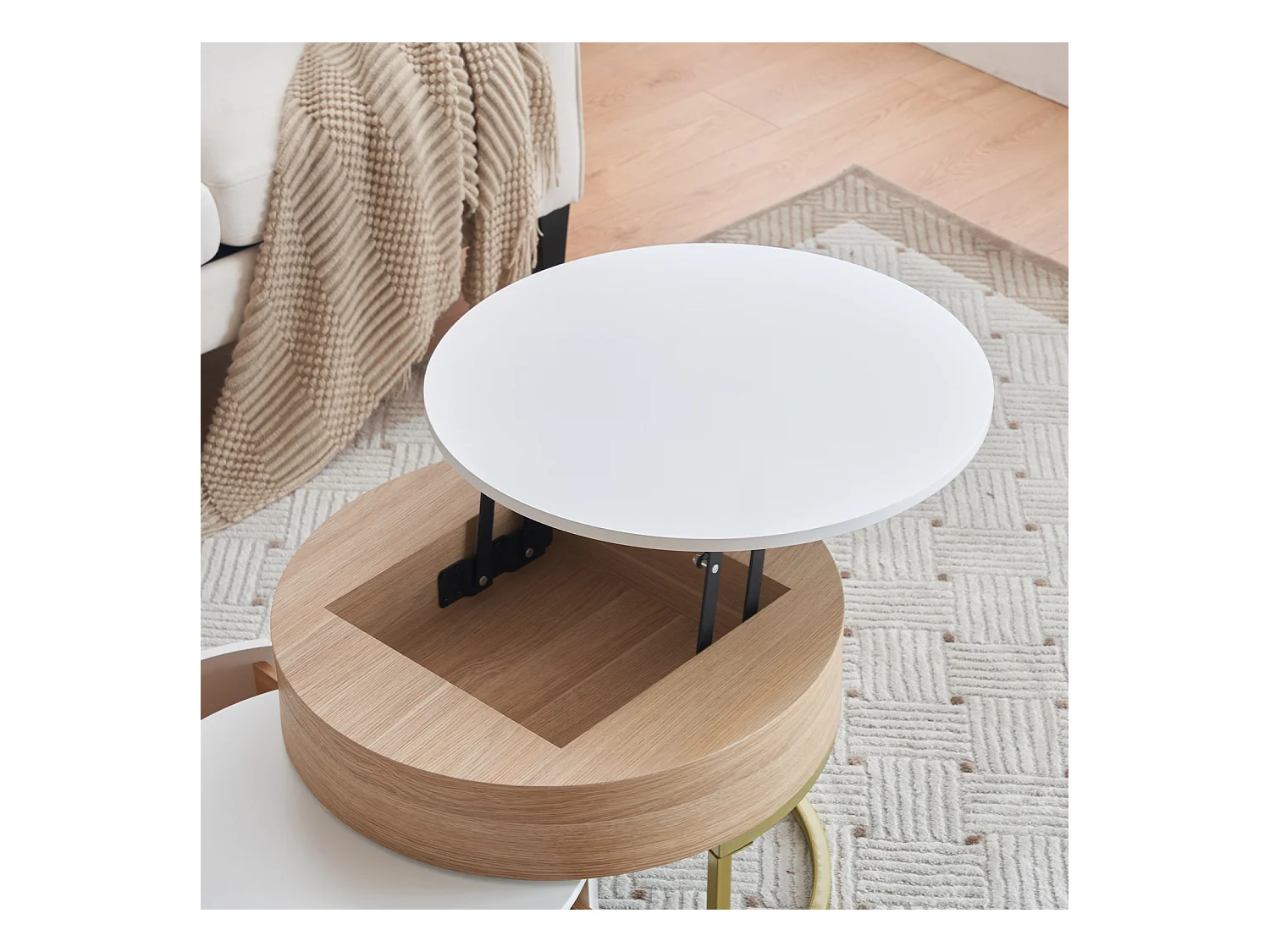 Conjunto de 2 mesas de centro encaixáveis, mesa grande com tampo elevável, mesa pequena com 2 gavetas, MDF, branco