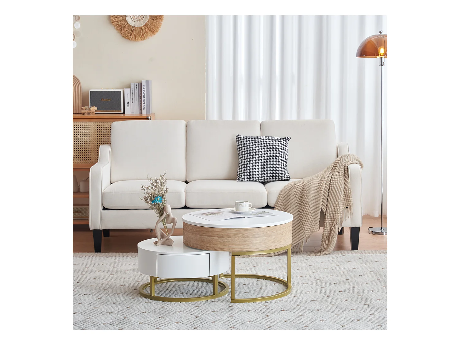 Conjunto de 2 mesas de centro encaixáveis, mesa grande com tampo elevável, mesa pequena com 2 gavetas, MDF, branco