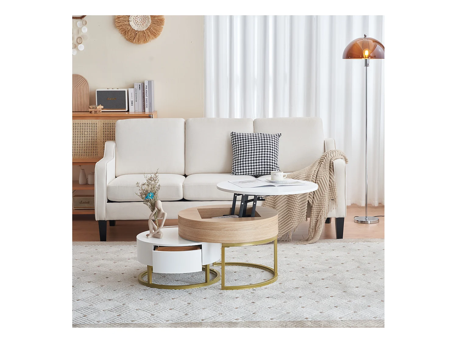 Conjunto de 2 mesas de centro encaixáveis, mesa grande com tampo elevável, mesa pequena com 2 gavetas, MDF, branco