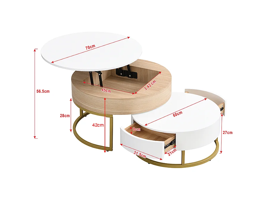 Conjunto de 2 mesas de centro encaixáveis, mesa grande com tampo elevável, mesa pequena com 2 gavetas, MDF, branco