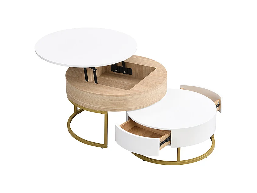 Conjunto de 2 mesas de centro encaixáveis, mesa grande com tampo elevável, mesa pequena com 2 gavetas, MDF, branco