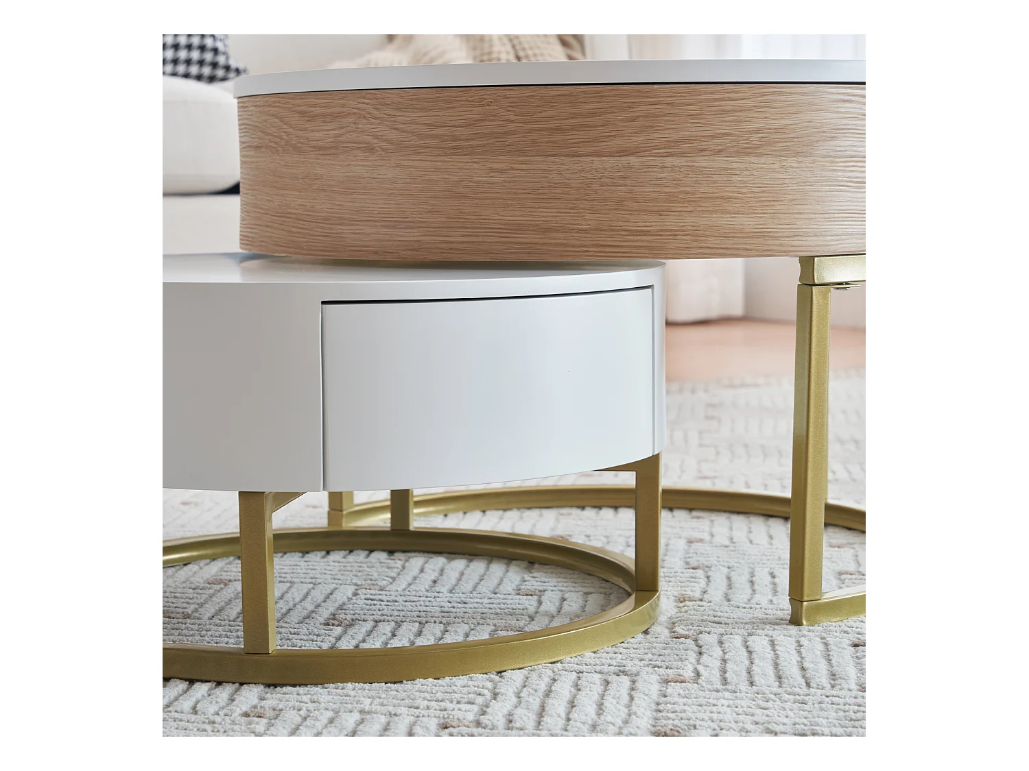 Conjunto de 2 mesas de centro encaixáveis, mesa grande com tampo elevável, mesa pequena com 2 gavetas, MDF, branco